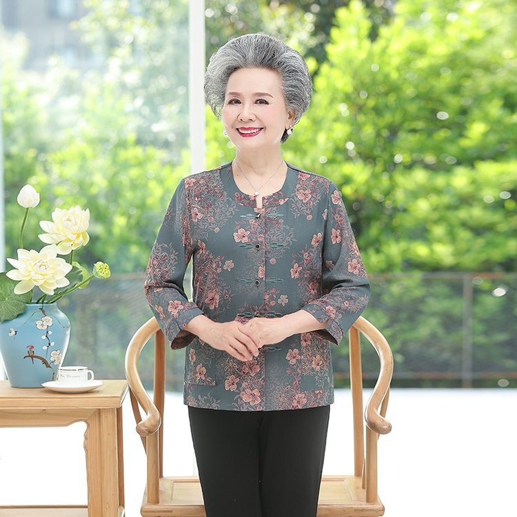 中老年人夏装女装2024新款春夏季长袖衬衫妈妈60岁70岁奶奶老太太