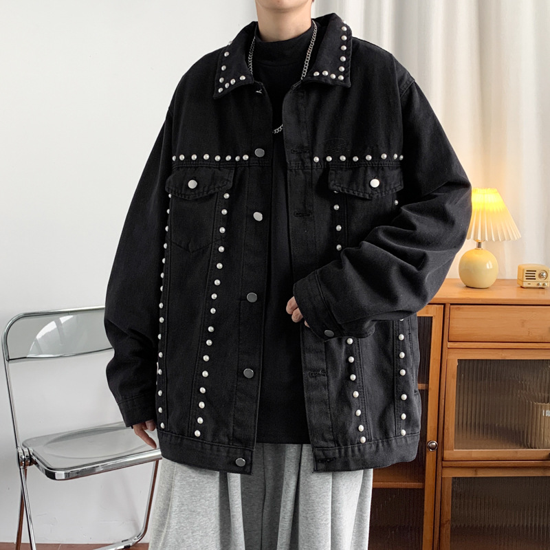 秋季黑色铆钉牛仔外套男高级感痞帅精神小伙网红同款炸街修身夹克