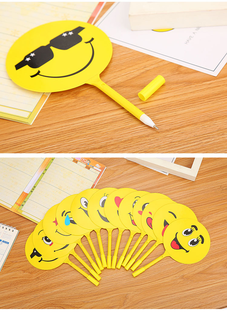 6cm,总长 20cm;产品材质:塑料 子弹头笔芯;产品名称:笑脸表情扇子