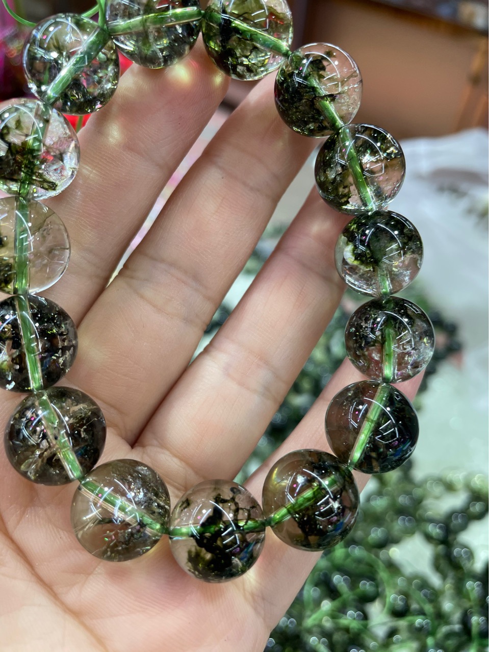 批发绿幽灵水晶单圈手链绿爆花聚宝盆男女情侣手链饰品