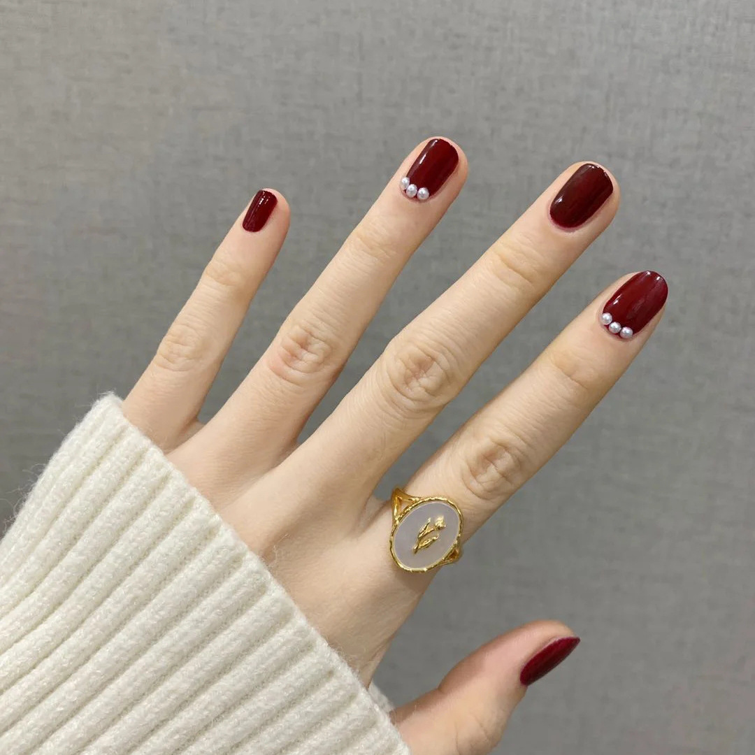 a133真爱相守短款珍珠显手白红色喜庆新娘可穿戴美甲假指甲片