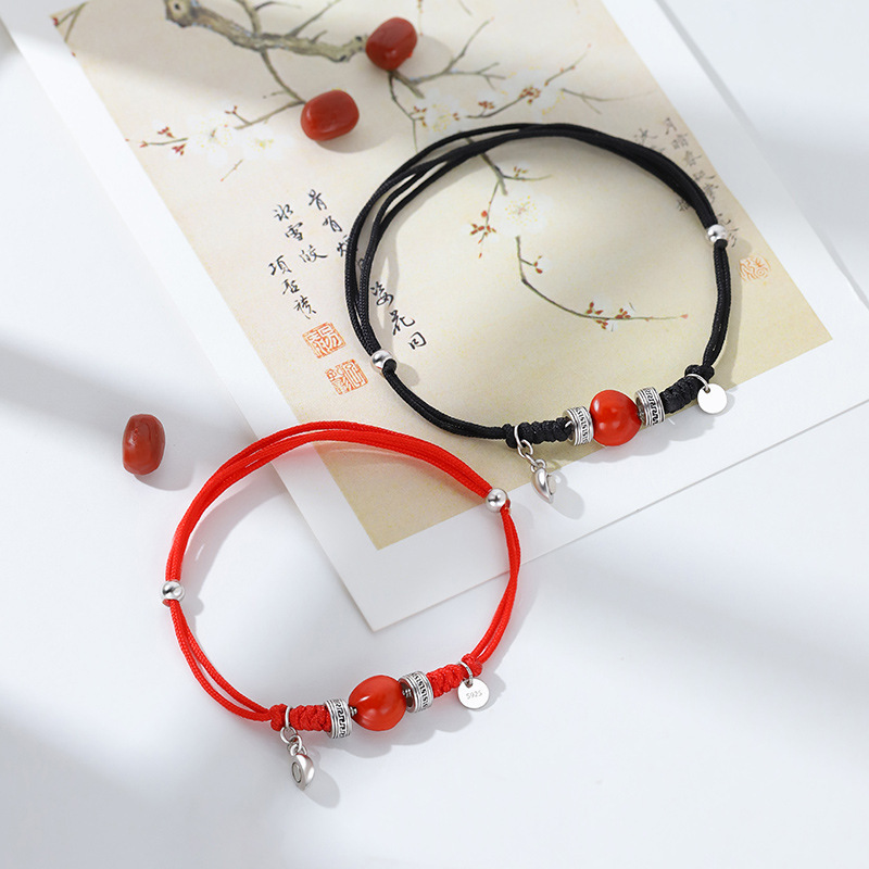 相思红豆情侣镀银手链一对情侣款手绳爱心相吸定情信物七夕送男友