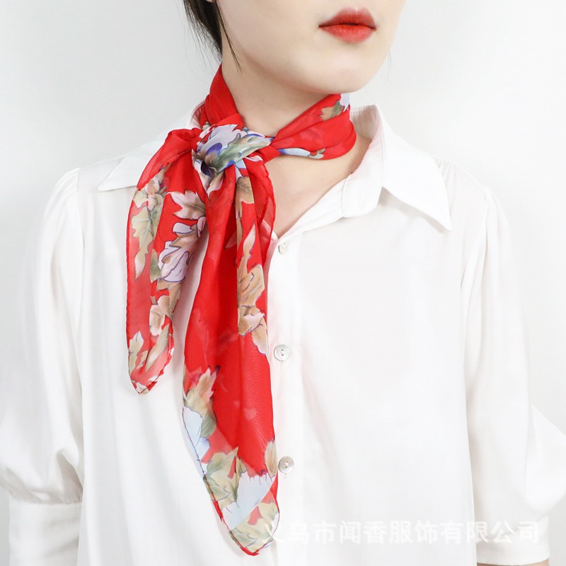 2022 New Spring and Summer Artificial Silk Chiffon Printed Small Square Scarf Women's Temperament Wild Silk Scarf Neck Protection Sunscreen Small Scarf