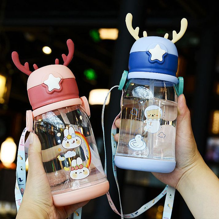 Water Cup Children's Straw Water Pot Cartoon Antlers Large Capacity Plastic Cup Summer Baby Student Big Belly Cup Customization