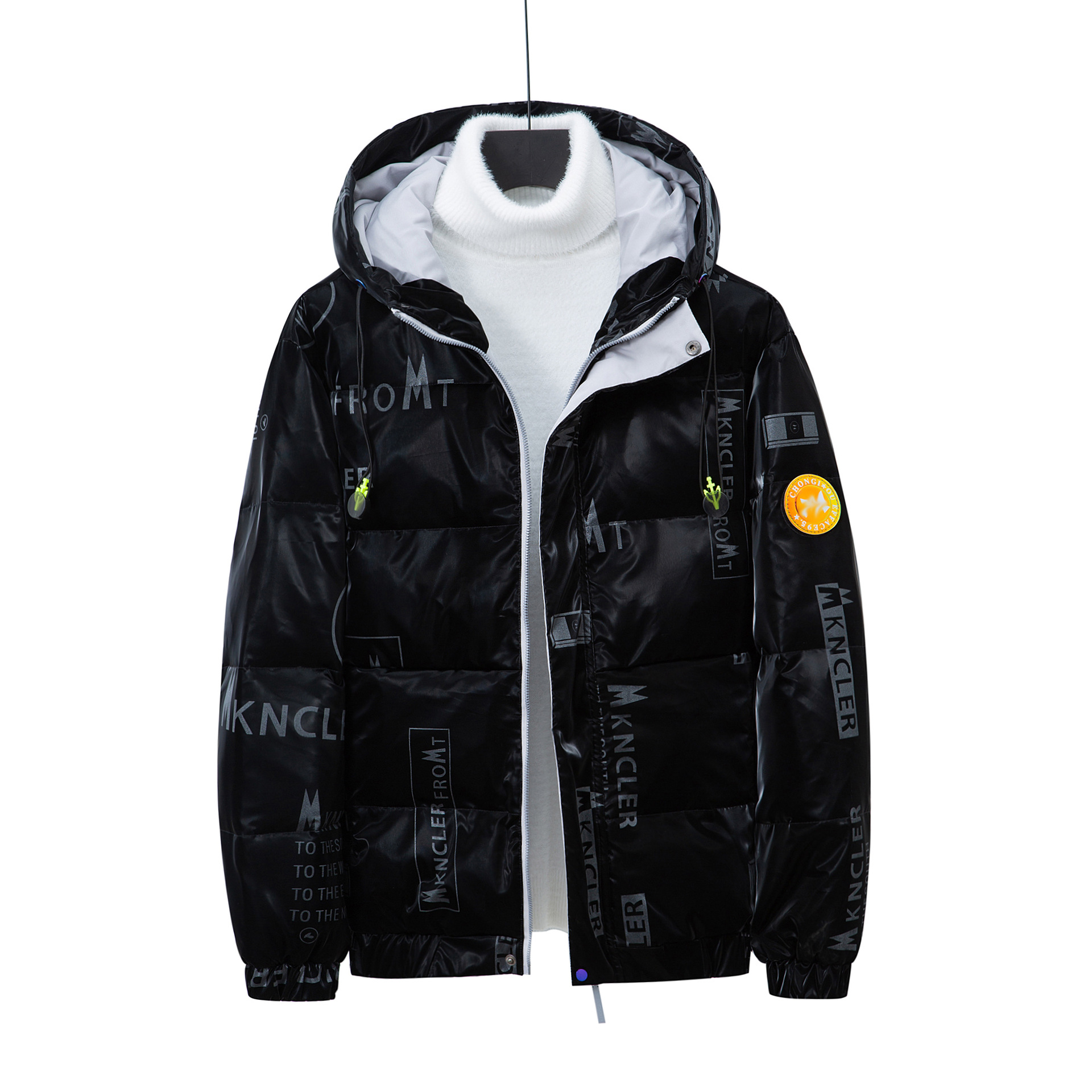 跨境羽绒服男短款夹克青年男士冬季户外白鸭绒连帽外套防水亮面潮