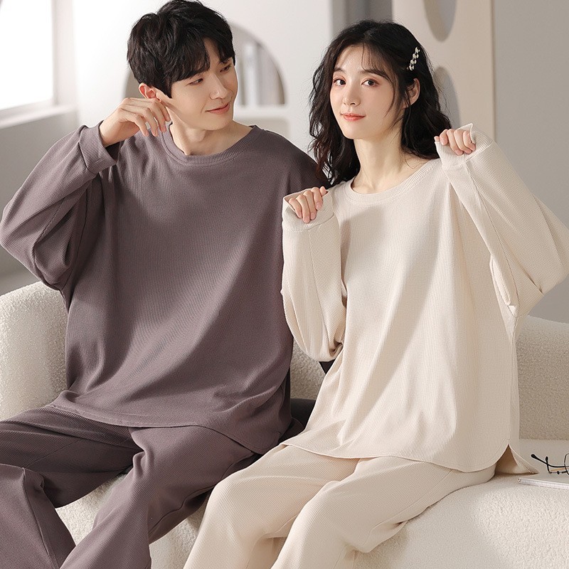 Autumn and Winter 2023 Couple Pajamas Pullover Long Sleeve Breathable Cotton Men and Women Waffle Spring and Autumn Homewear