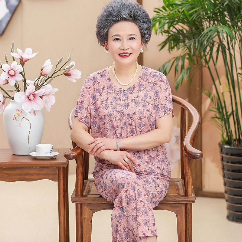 奶奶装夏装套装老年人女装夏季短袖恤两件套60岁老太太衣服70-80