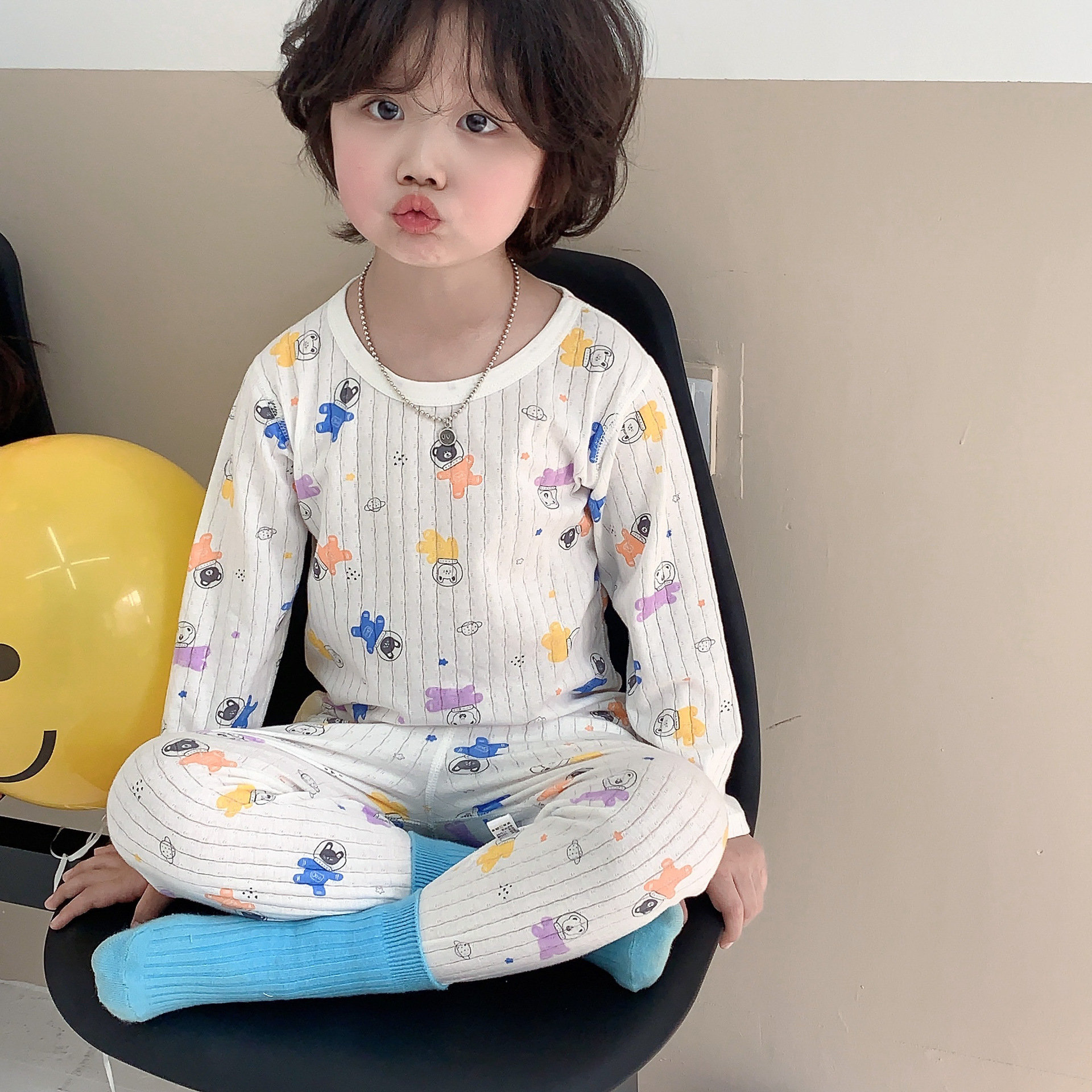 儿童长袖空调服男孩夏季薄款纯棉睡衣男女童套装中大童女孩家居服