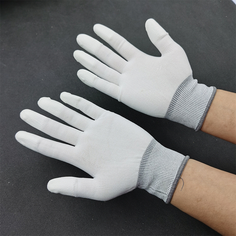 White Finger Pu Coated Palm Coated Gloves White Nylon Gloves Labor Protection Gloves with Glue Fixed Printing Logo Dipping Gloves
