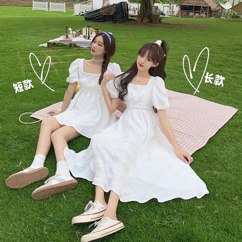 闺蜜装夏季2022新款韩版洋气方领泡泡袖连衣裙女小个子闺装初恋裙