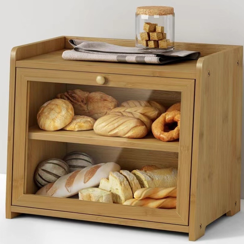 竹木制面包收纳盒厨房调味料收纳箱双层透明点心柜面包存储盒