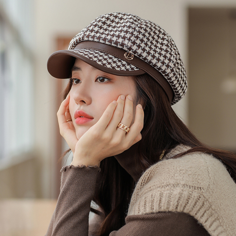 韩版秋冬帽子女百搭千鸟格八角帽小香风冬季鸭舌帽复古气质报童帽