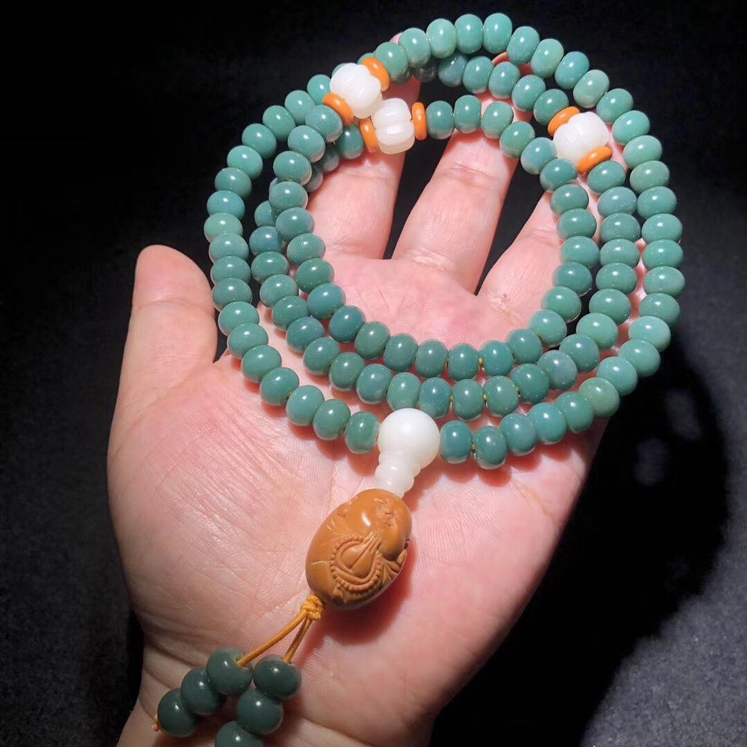海南石玉料星月菩提阴皮星月翡翠绿120颗籽108佛珠手串手链