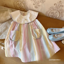 韩国童装女童甜美连衣裙2024夏装小女孩娃娃领休闲拼色条纹背心裙