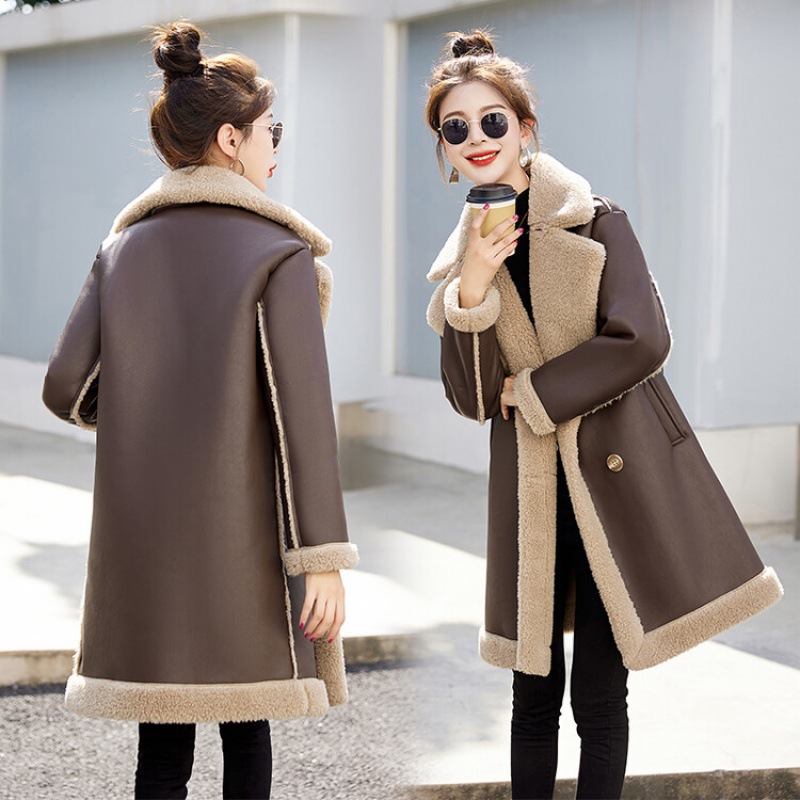2023冬新款气质时尚加绒加厚双排扣中长款皮毛一体外套-阿里巴巴