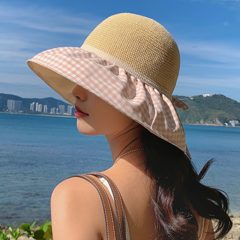 8179 Bucket Hat Women's Summer Korean Style Large Brim Plaid Sun Hat Bow Sun Hat Double Layer Sun-Proof Basin Hat