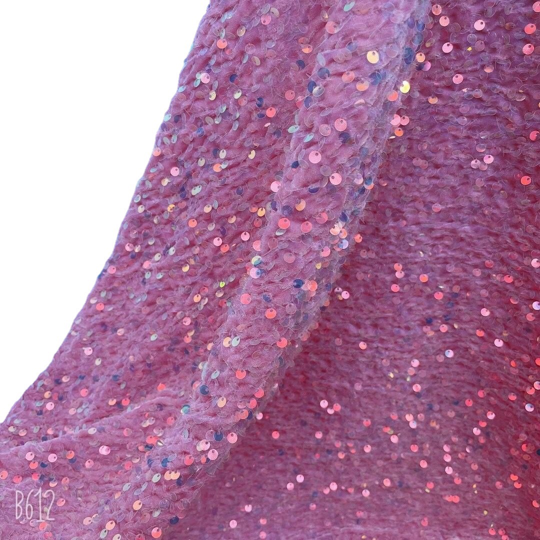 厂家批发有现货5mm普通透明幻彩亮片布料 时尚立体珠片绣花布面料