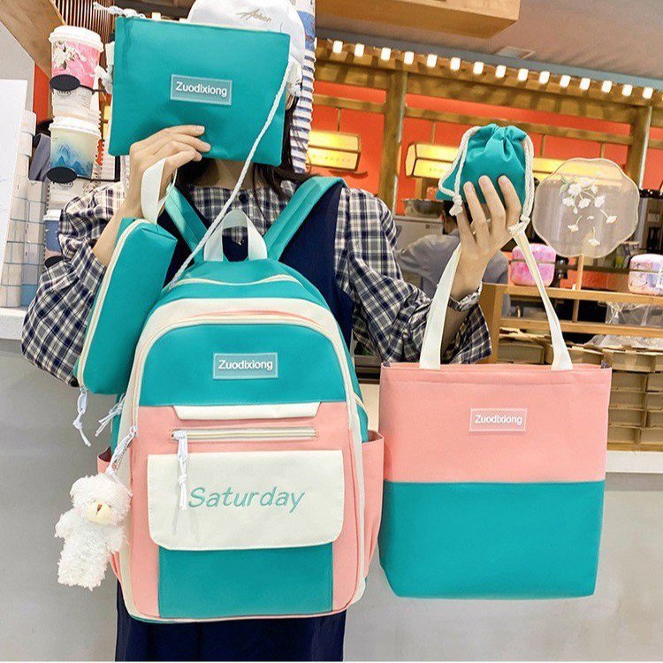 2022 New Japanese and Korean Partysu Contrast Color Five-Piece Backpack Primary School Junior High School College Style Casual Large Capacity Wholesale