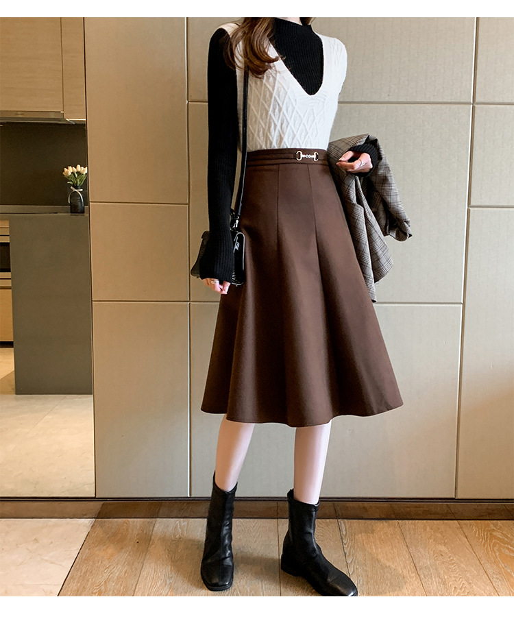 2021咖啡色毛呢半身裙女秋冬过膝中长款气质高腰显瘦a字大摆裙
