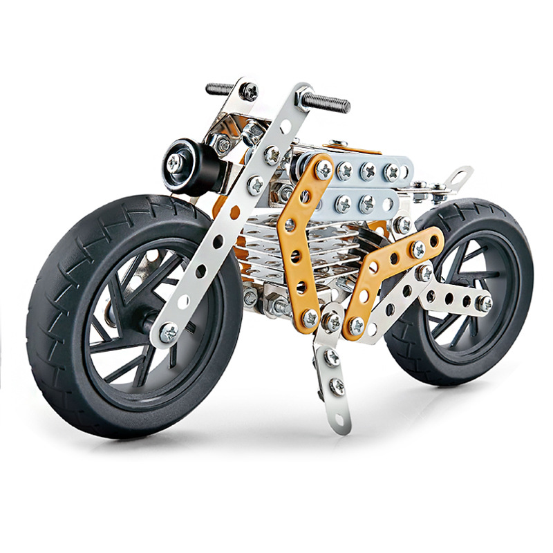 儿童金属拼装玩具创意摩托车模型拼插工程车大童学生手工礼物跨境
