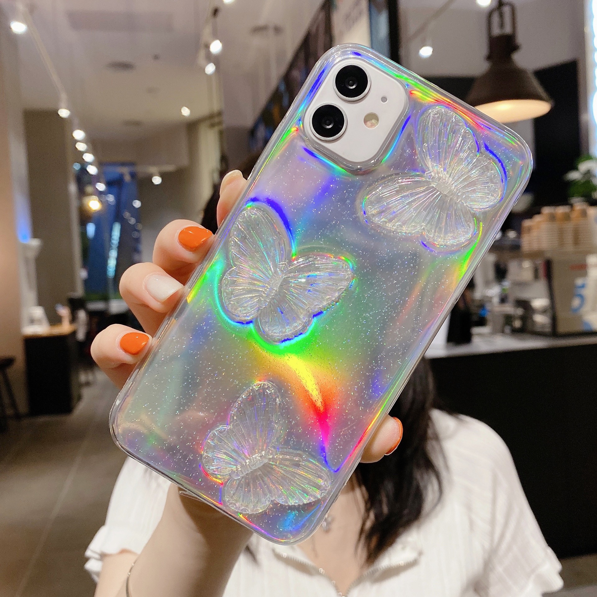 适用iphone12promax透明滴胶闪粉镭射水晶蝶ip78plus唯美手机壳