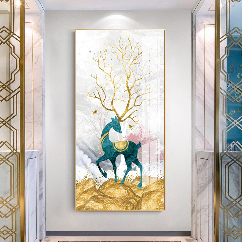 金福鹿玄关装饰画现代轻奢走廊尽头竖版抽象壁画楼梯大气晶瓷挂画