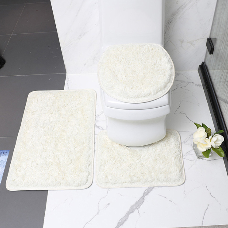 Solid Color Plush Toilet Three-Piece Floor Mat Bathroom Toilet Silk Wool Floor Mat Suit PV Fleece Carpet
