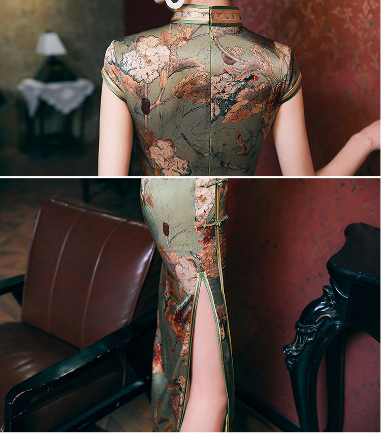 旗袍真丝桑蚕丝长款老上海复古旗袍盘扣双包边开叉连衣裙一件代发