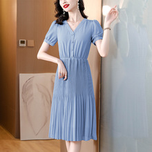 辰蕴 气质女神 法式领百褶连衣裙女夏季蓝色高级感短袖衬衫裙子