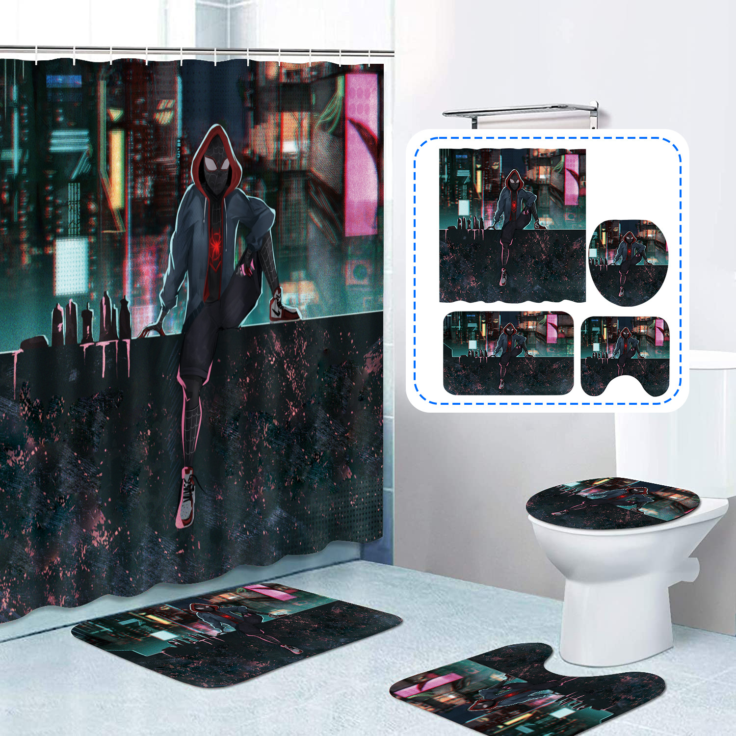 Cross-Border Miles Morales Shower Curtain Four-Piece Waterproof Shower Curtain Carpet Non-Slip Mat Toilet Mat Floor Mat Set