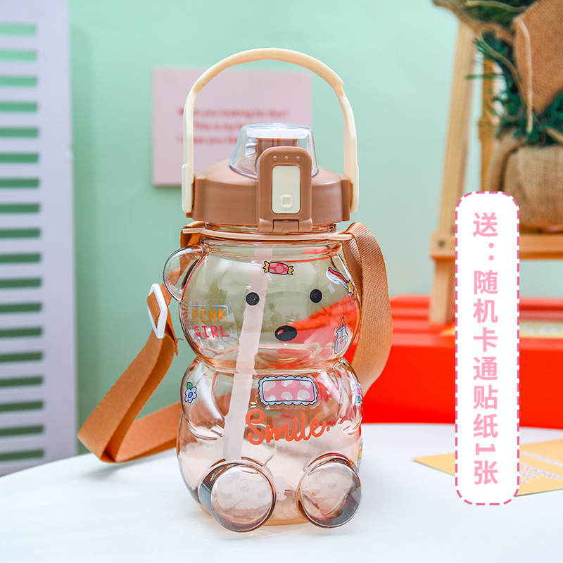 Cute Bear Water Cup Summer Large Capacity Student Good-looking Plastic Tape Straw Cup Portable Kettle Big Belly Cup