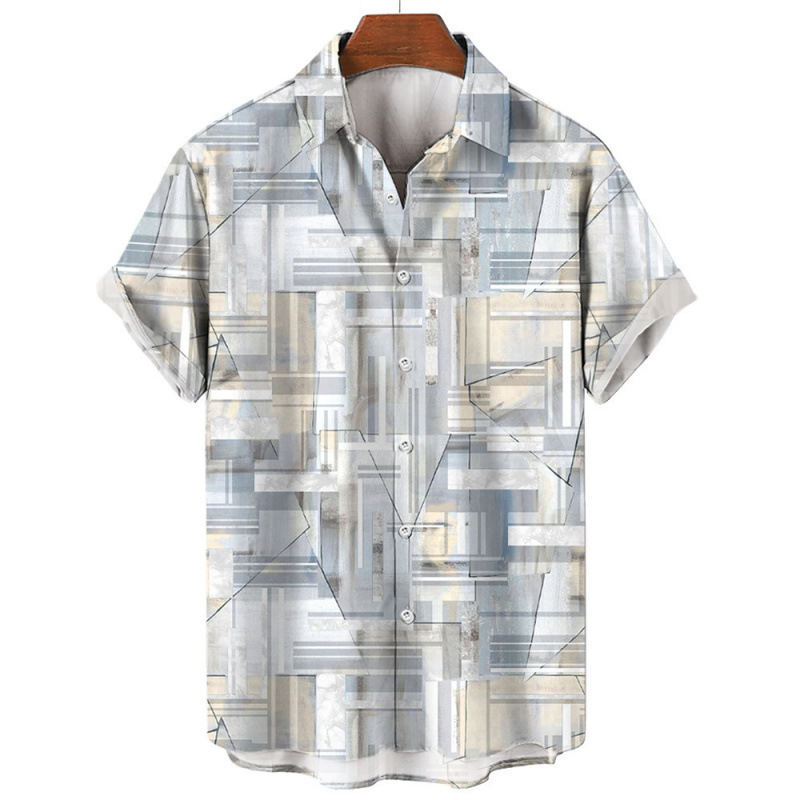 时尚款3D打印图案男士度假翻领休闲舒适透气短袖衬衫