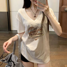 正肩V领短袖T恤女夏韩版冰丝大版宽松简约百搭休闲半袖上衣ins潮