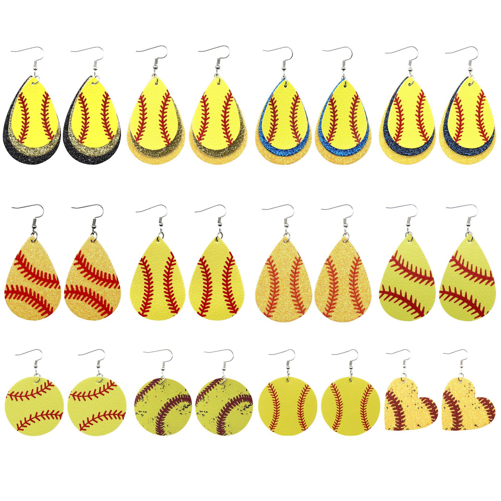 Leather Baseball Theme Earrings Glitter Pu round Heart Water Drops Baseball Texture Three-Layer Earrings Cross-Border Amazon