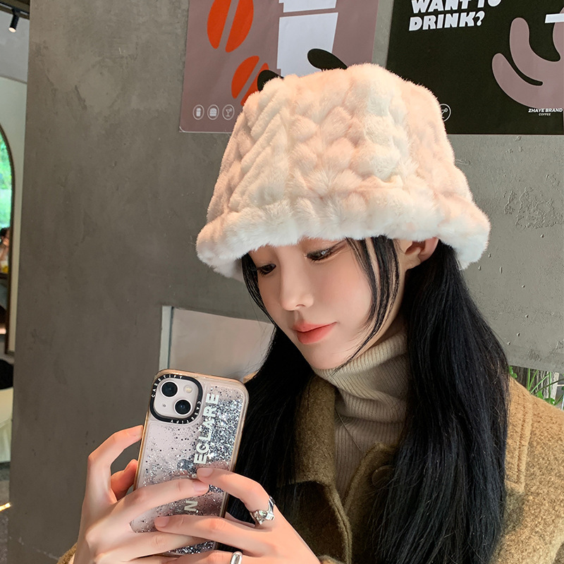 韩版新款秋冬季仿貂毛保暖毛茸水桶帽户外出游女士小众时尚盆帽子