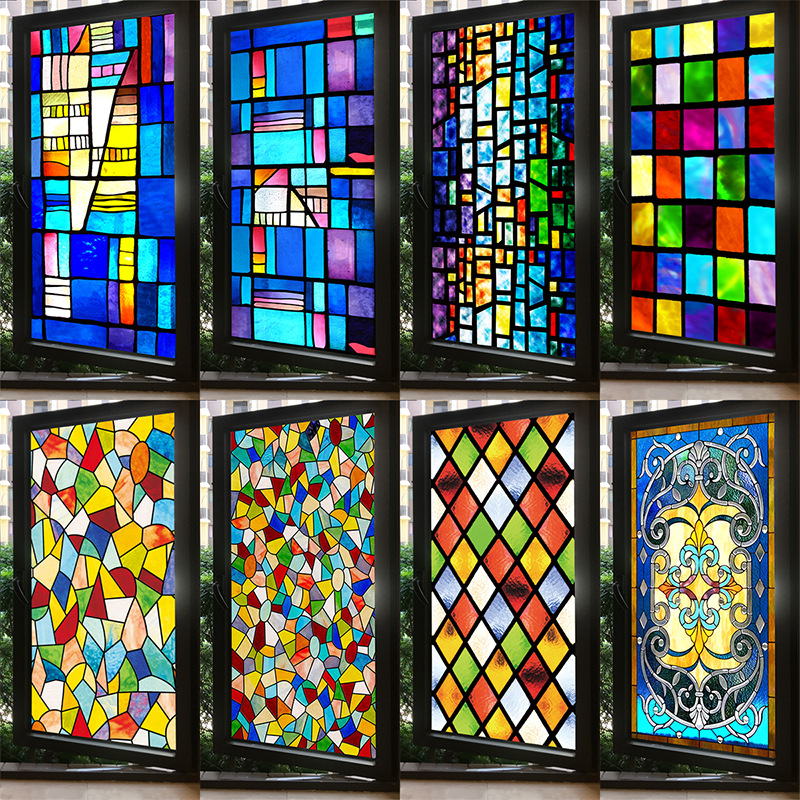 欧式复古教堂彩色玻璃贴纸静电磨砂玻璃贴膜衣柜卫生间窗户花贴纸