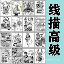 线描临摹卡儿童画室创意绘画初级黑白彩色线条装饰画美术临摹卡片