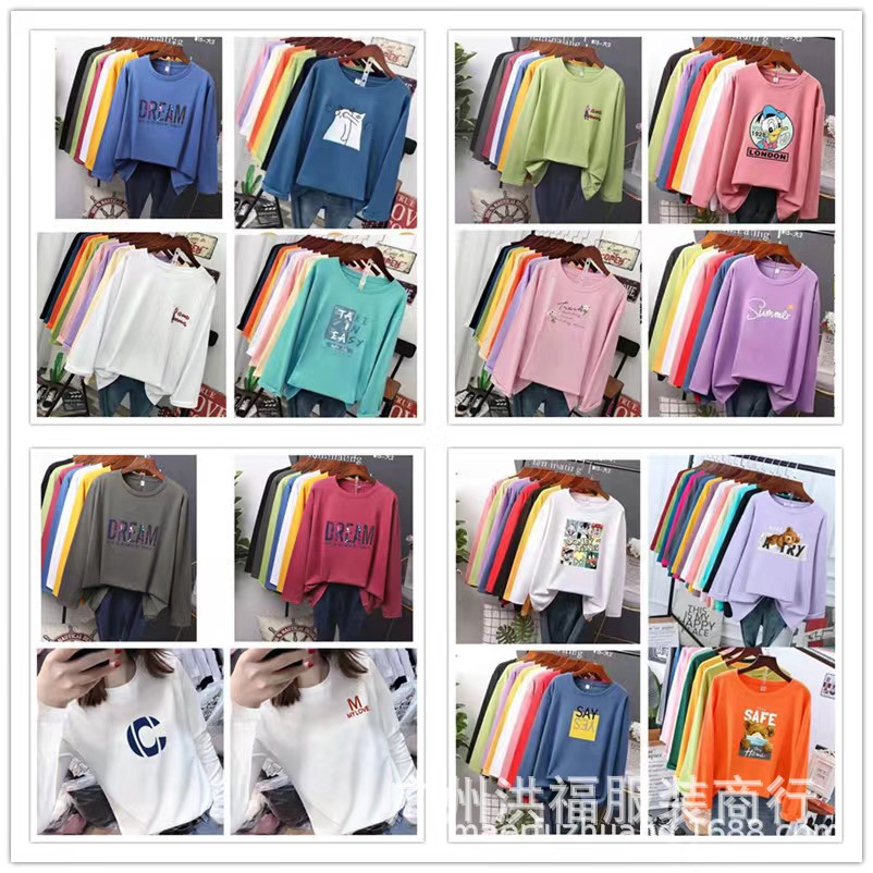 库存女士圆领长袖原单地摊时尚印花女装衬衫工厂批发货源时尚百搭