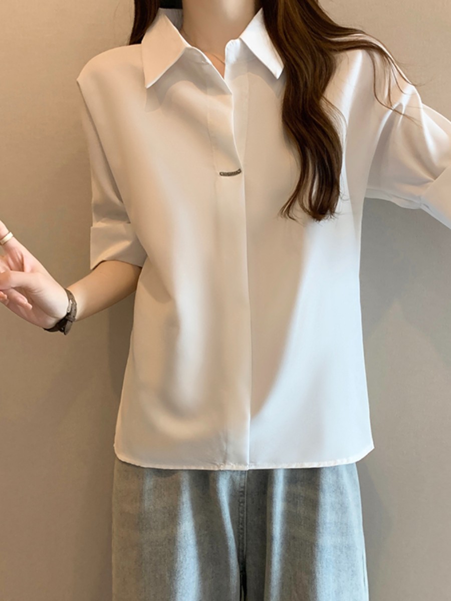 Summer New Design Sense Polo Collar Short-Sleeved White Shirt for Women Loose Casual Half Sleeves Trendy