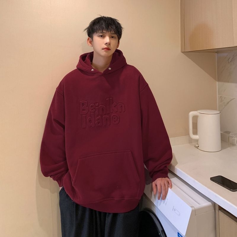 酒红色重磅卫衣男潮秋季连帽质感硬挺美式高街外套-阿里巴巴