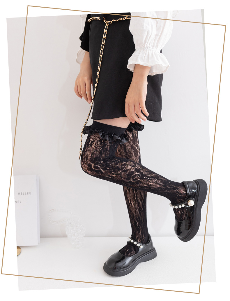 儿童花边过膝袜蕾丝花边高筒袜女童网袜新款花朵亲子袜洛丽长筒