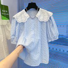 2023夏季新款设计感格子洋气小衫泡泡袖拼接娃娃领衬衫女短袖衬衣