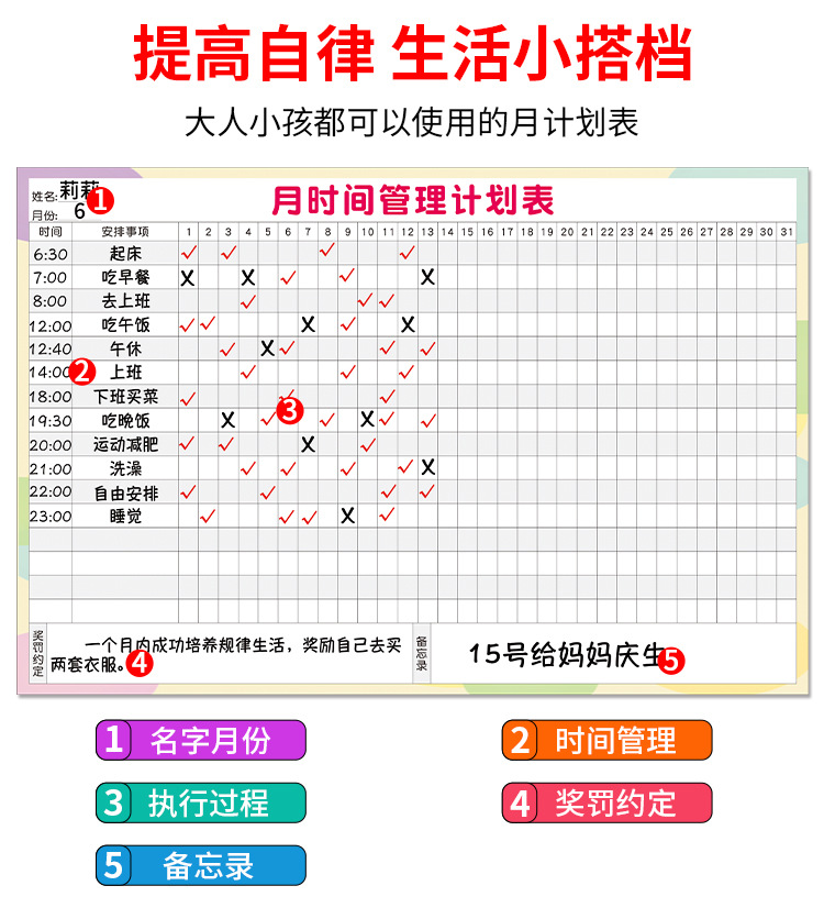 每日时间管理计划表月打卡日程安排自律表学生学习作息规划表墙贴