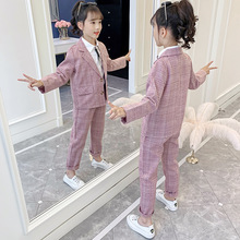 女童春季西装两件套韩版中大童双排扣格子外套长裤两件套一件代发