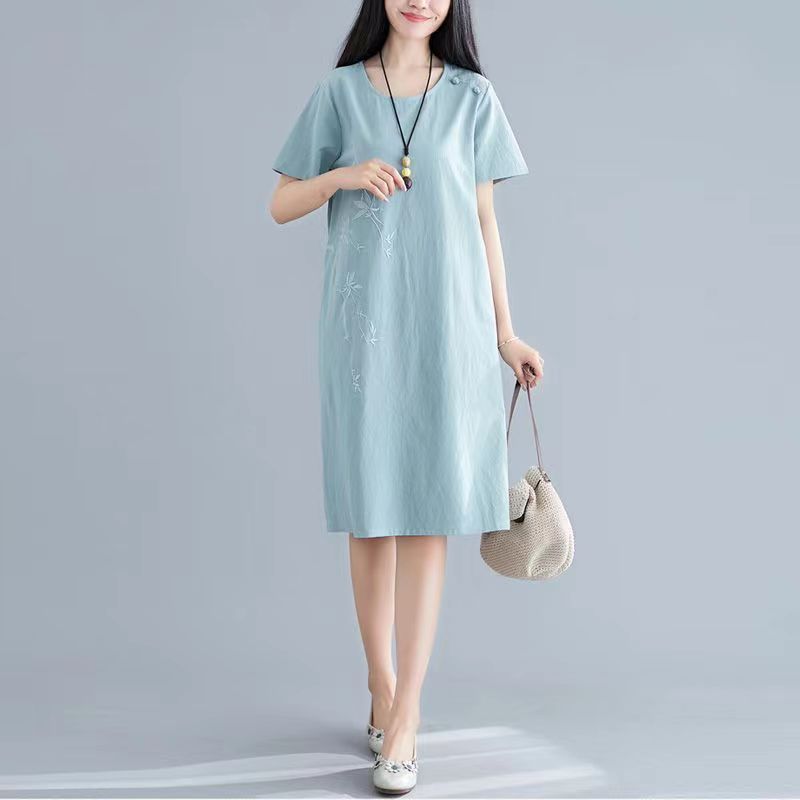 Women's Cotton and Linen Embroidered Dress 2023 Summer New Ethnic Style Loose Slimming A- line Skirt Western Style Buckle Midi Dress