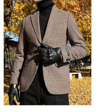 X2080欧美秋冬厚新款意式领毛呢格子复古休闲修身男士西装外套潮