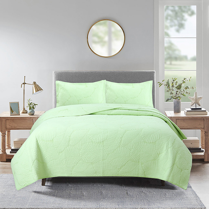 European and American Simple Pure Cotton Bed Cover Three-Piece Set Palm Leaf Embroidered Quilt Pure Color Washed Fitted Sheet Bed Skirt Bed Sheet