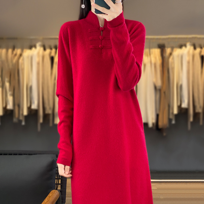 2023 Autumn and Winter New Stand Collar Solid Color Retro Buckle 100% Pure Wool Dress Women's Knitted Casual Straight Skirt