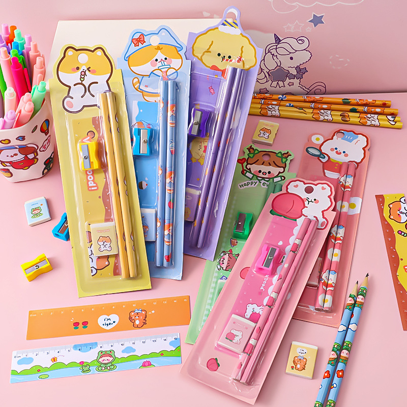 Cartoon Pencil Set Student Studying Stationery Five-Piece Children's Drawing Sketch Supplies Kindergarten Small Prize