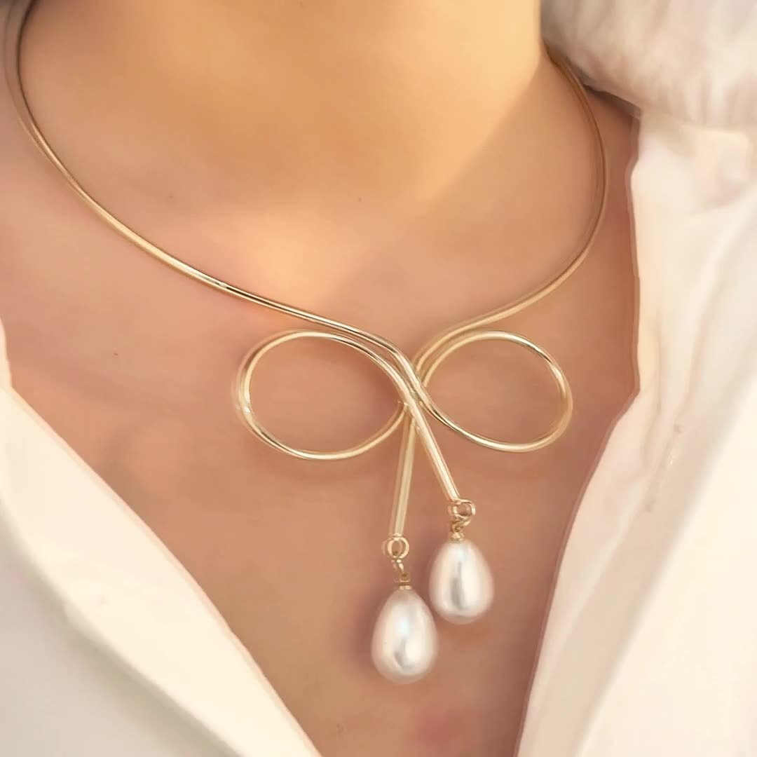 欧美跨境水滴仿珍珠choker高感项链朋克金属素圈蝴蝶项圈女甜酷